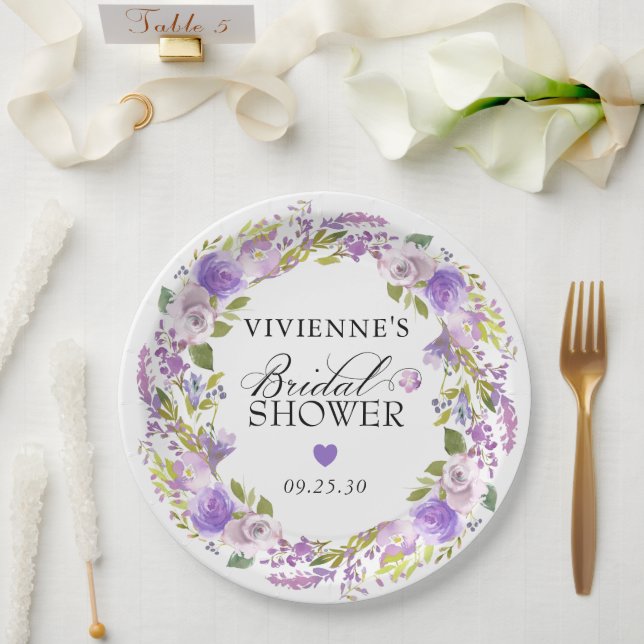 Elegant Purple Floral Bridal Shower Paper Plate (Wedding)