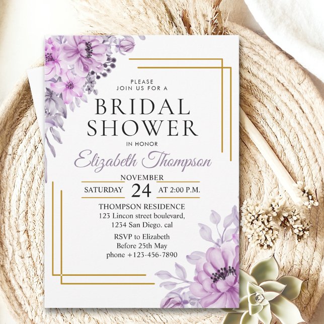 Elegant Purple Floral Bridal Shower Party Invitation (Creator Uploaded)