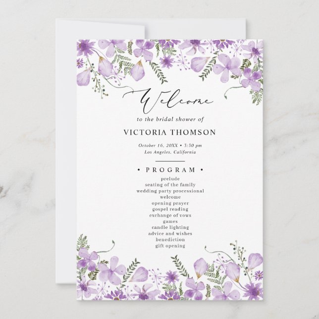 Elegant Purple Floral Bridal Shower Program Invitation (Front)