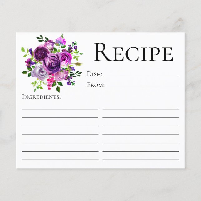 Elegant Purple Floral Bridal Shower Recipe Card (Front)