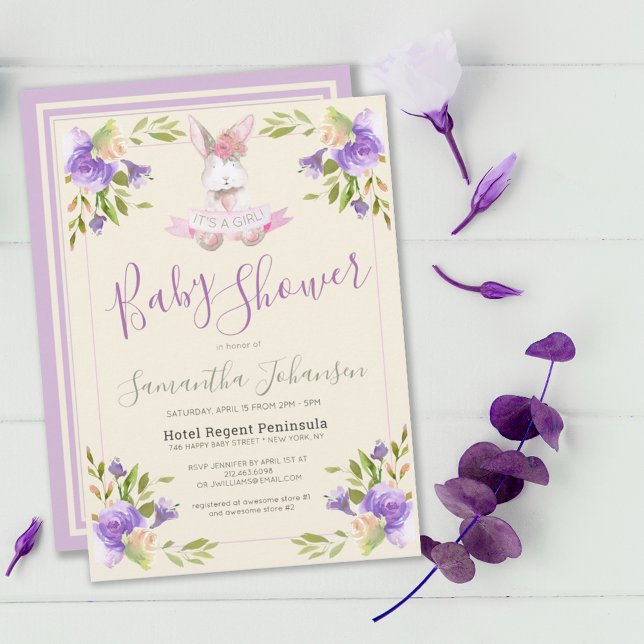 Elegant Purple Floral & Bunny Girl Baby Shower Invitation (ELEGANT LAVENDER PURPLE FLORAL & BUNNY GIRL BABY SHOWER INVITATION)