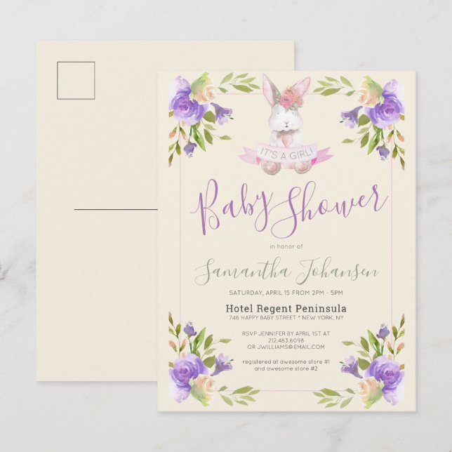 Elegant Purple Floral & Bunny Girl Baby Shower Invitation Postcard (Front/Back)