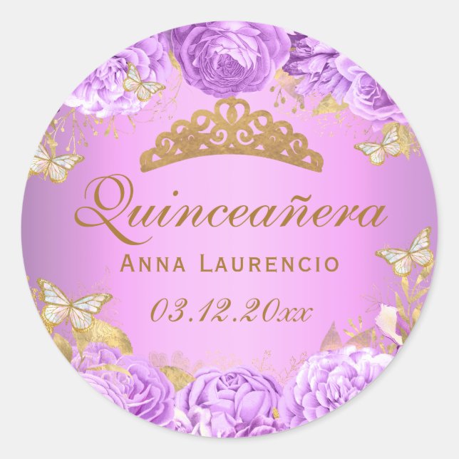 Elegant Purple Floral Butterflies Quinceanera Classic Round Sticker (Front)