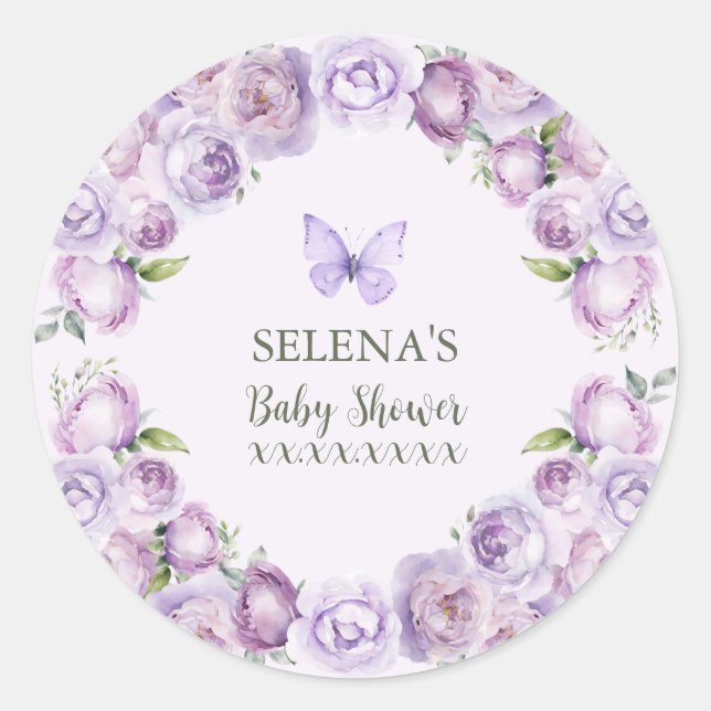 Elegant Purple Floral Butterfly Baby Shower Classic Round Sticker (Front)