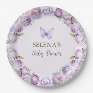Elegant Purple Floral Butterfly Baby Shower Paper Plate