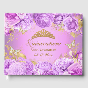Elegant Purple Floral Butterfly Themed Quinceanera Guest Book