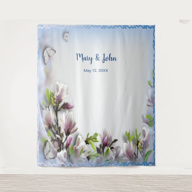 Elegant Purple Floral Butterfly Wedding Backdrop Tapestry (Front)