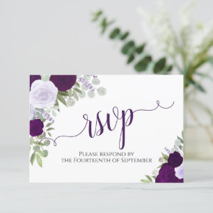 Elegant Purple Floral Calligraphy Wedding RSVP Card