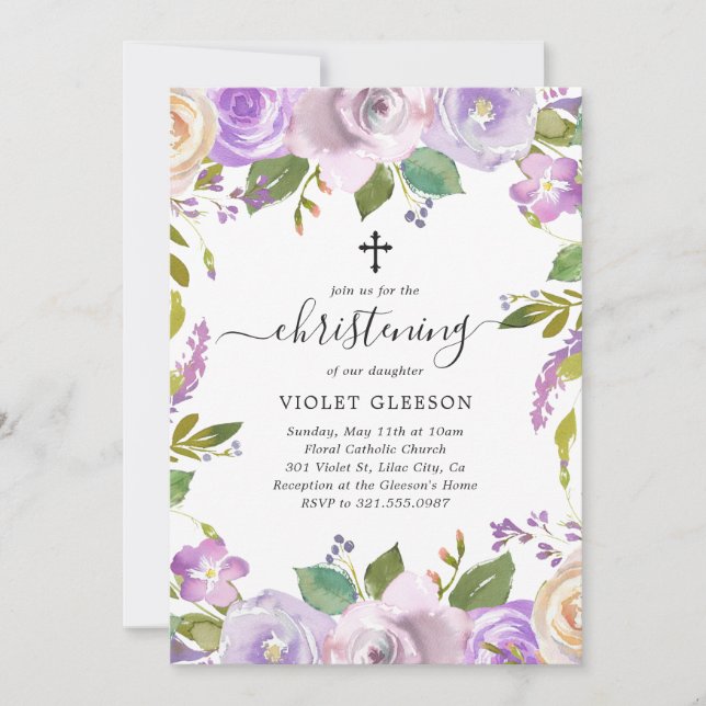 Elegant Purple Floral Cross Girl Christening Invitation (Front)