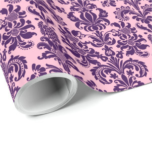 Elegant Purple Floral Damasks Pink Back Wrapping Paper