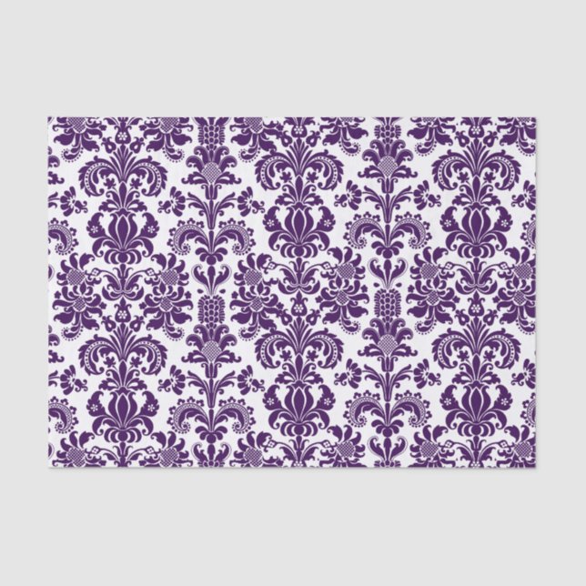 Elegant Purple Floral Damasks White Background Tissue Paper (Front)
