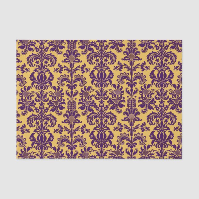 Elegant Purple Floral Damasks Yellow Background Tissue Paper (Front)