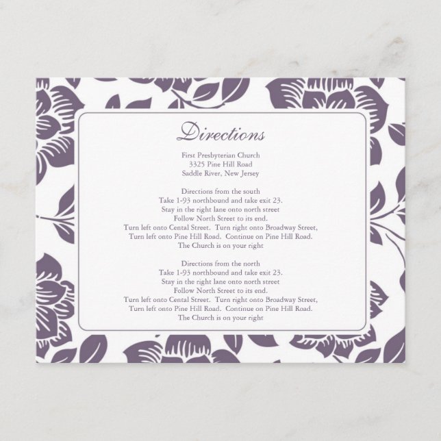 Elegant Purple Floral Direction Card (Front)
