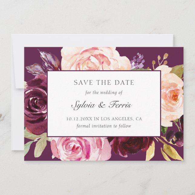 Elegant Purple Floral Fall Save The Date (Front)