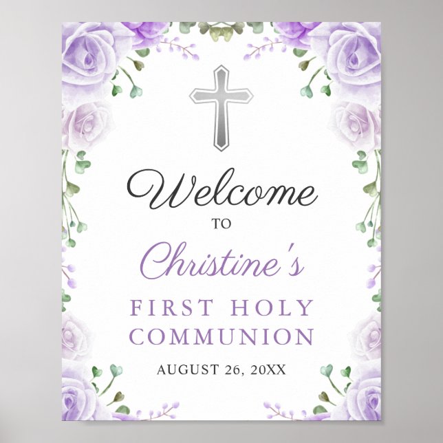 Elegant Purple Floral First Holy Communion Welcome Poster (Front)