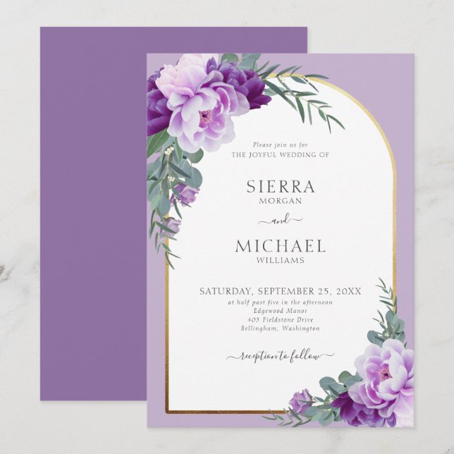 Elegant Purple Floral Foliage Gold Arch Wedding Invitation (Front/Back)