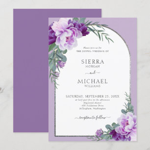Elegant Purple Floral Foliage Silver Arch Wedding Invitation