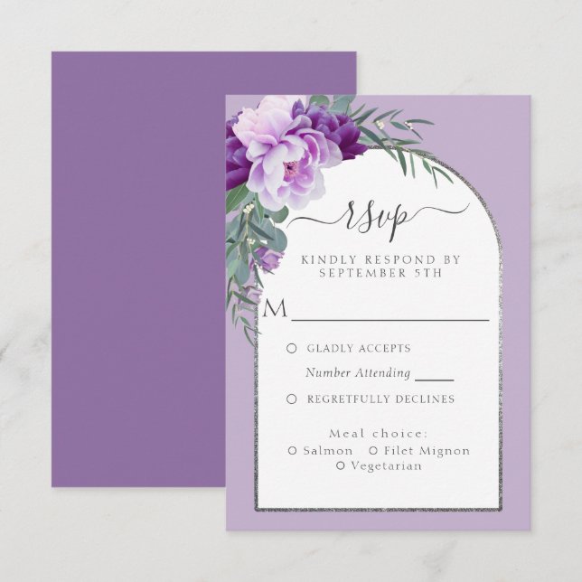 Elegant Purple Floral Foliage Silver Arch Wedding RSVP Card (Front/Back)