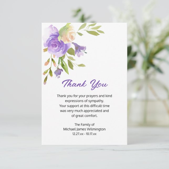 Elegant Purple Floral Funeral Thank You Card (Standing Front)