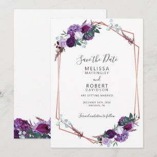 Elegant Purple Floral Geometric Script Save The Date