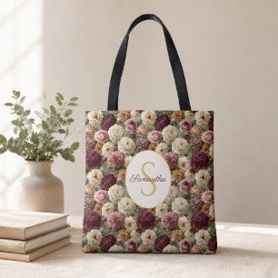 Elegant Purple Floral Gift For Her Monogram Name Tote Bag