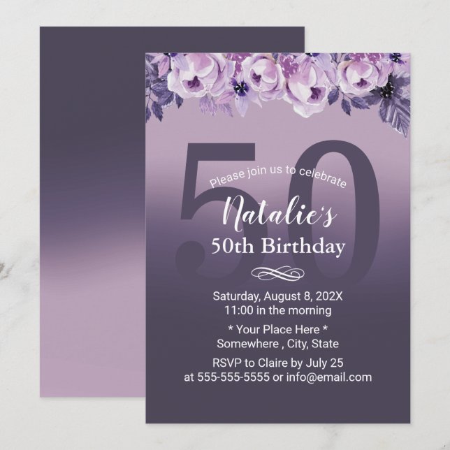 Elegant Purple Floral Girl 50th Birthday Party Invitation (Front/Back)