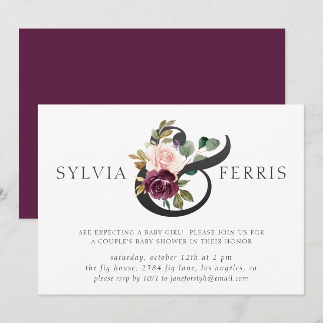 Elegant Purple Floral Girl Baby Shower Invitation (Front/Back)