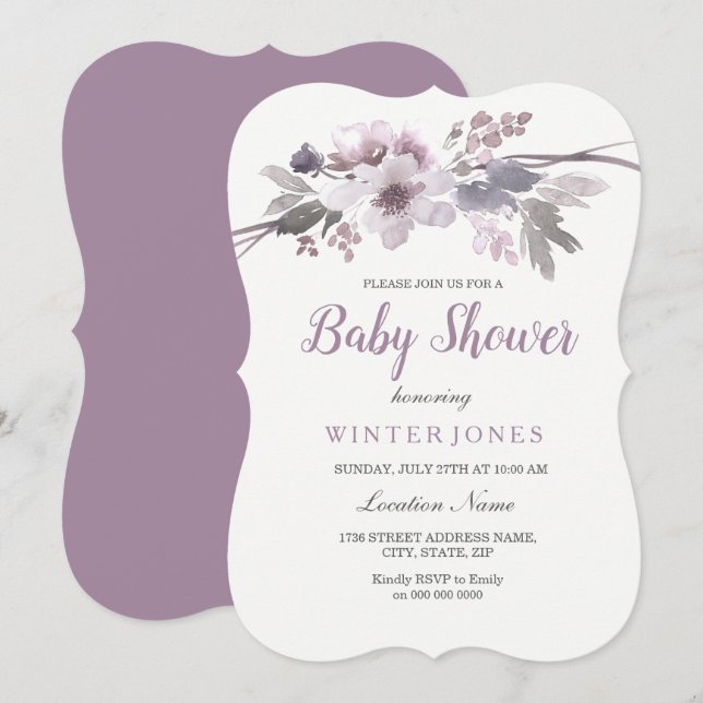 Elegant Purple Floral Girl Or Boy Baby Shower Invitation (Front/Back)