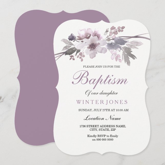 Elegant Purple Floral Girl Or Boy Baptism Invite (Front/Back)