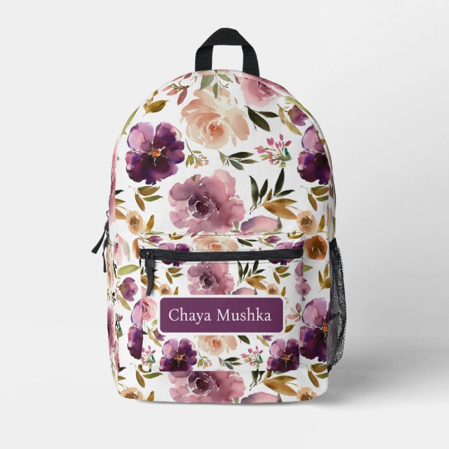 Elegant Purple Floral Girly Child's Name Backpack (Front)