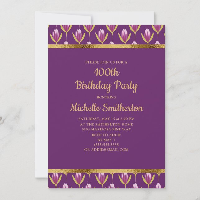 Elegant Purple Floral Gold 100th Birthday Party Invitation (Front)