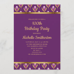 Elegant Purple Floral Gold 100th Birthday Party Invitation