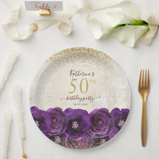 Elegant Purple Floral Gold 50th Birthday Party Paper Plate