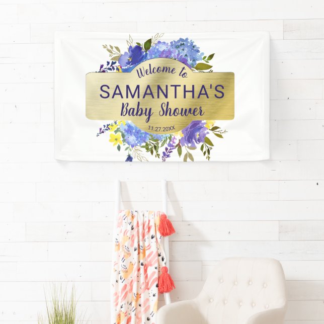 Elegant Purple Floral Gold Baby Shower Welcome Banner (Insitu)