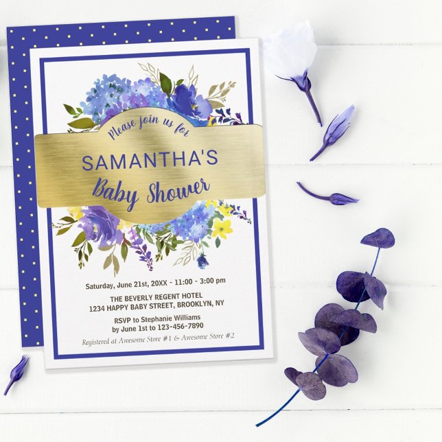 Elegant Purple Floral Gold Banner Baby Shower  Invitation (Creator Uploaded)