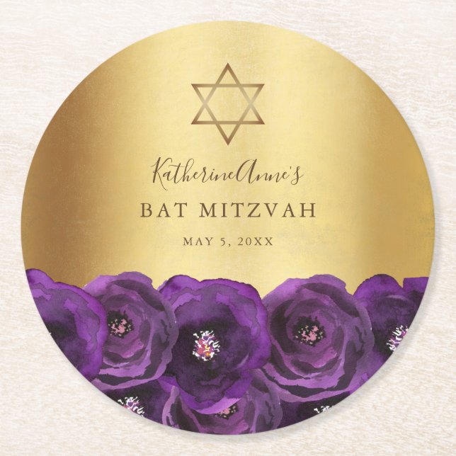 Elegant Purple Floral Gold Bat Mitzvah Round Paper Coaster (Front)