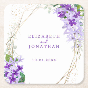 Elegant Purple Floral Gold Frame Wedding Square Paper Coaster