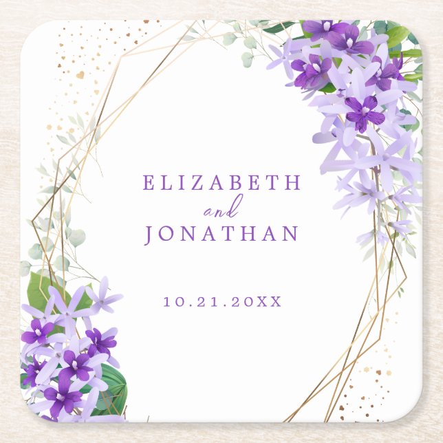 Elegant Purple Floral Gold Frame Wedding Square Paper Coaster (Front)