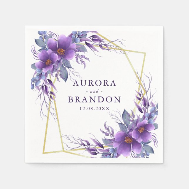 Elegant Purple Floral Gold Geometric Frame Wedding Napkin (Front)