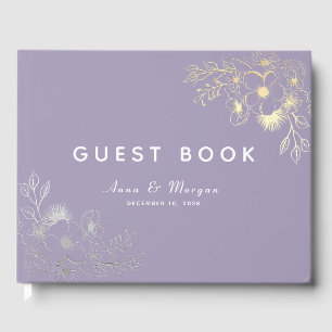 Elegant Purple Floral Gold Wedding Guest Book