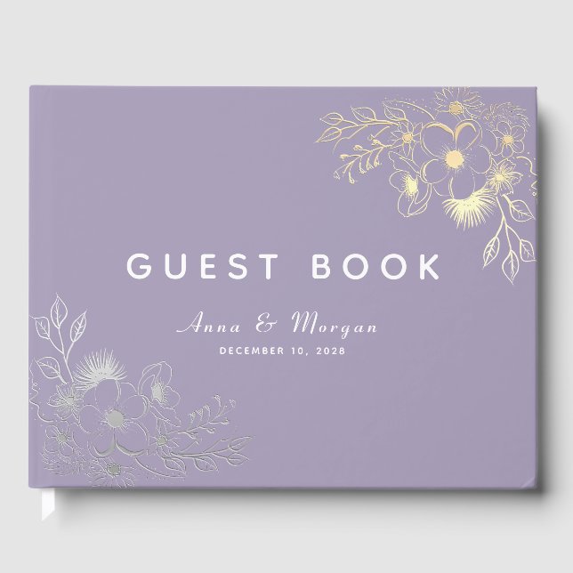 Elegant Purple Floral Gold Wedding  Guest Book (Front)