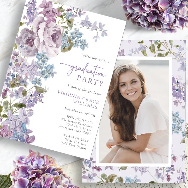 Elegant Purple Floral Graduation Invitation (Elegant Purple Floral Graduation Invitation Picture on back by Painted Paperie
)