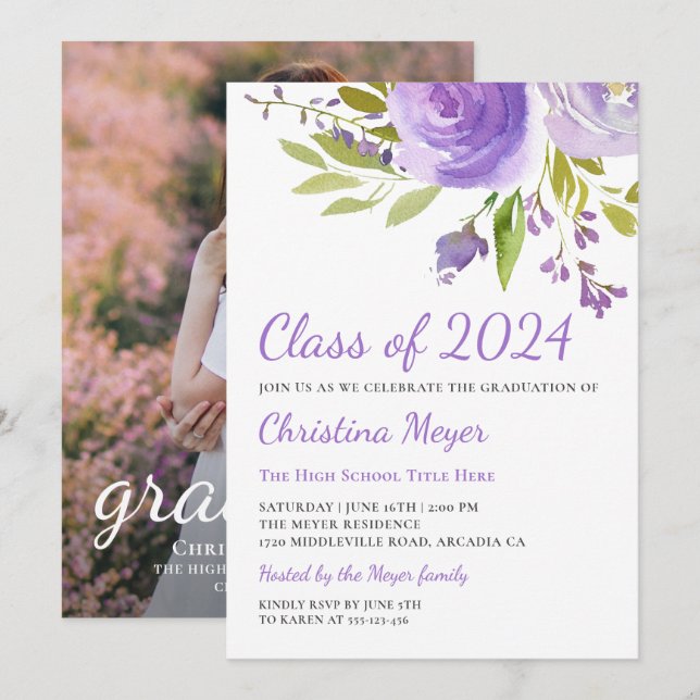 Elegant Purple Floral Graduation Party Photo Invitation (Front/Back)