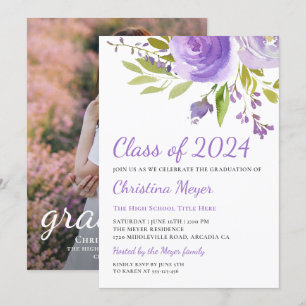 Elegant Purple Floral Graduation Party Photo Invitation