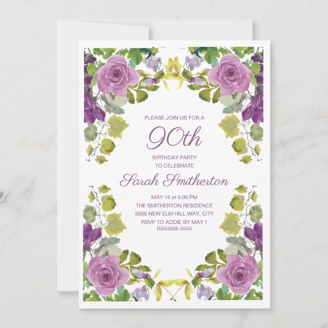 Elegant Purple Floral Green Vines 90th Birthday Invitation (Front)
