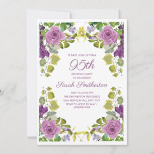 Elegant Purple Floral Green Vines 95th Birthday Invitation