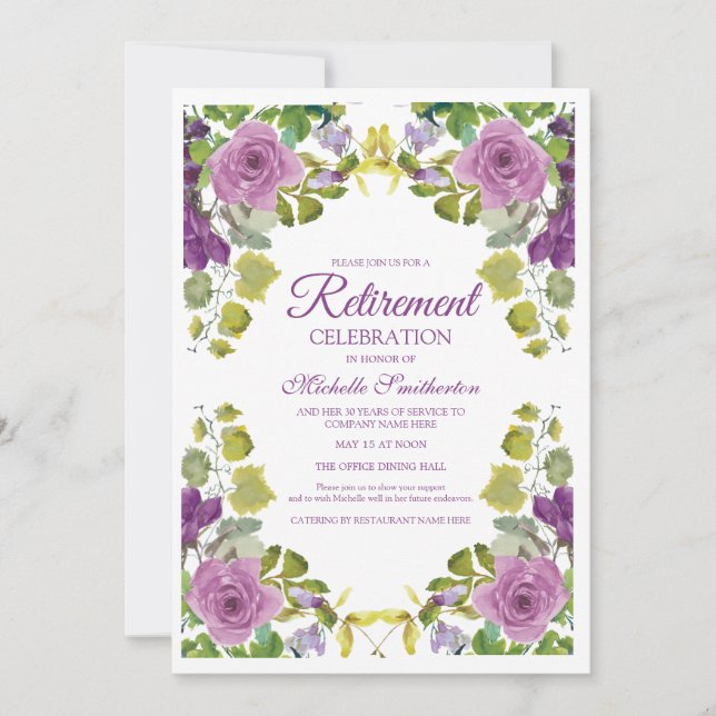 Elegant Purple Floral Green Vines Retirement Party Invitation (Front)