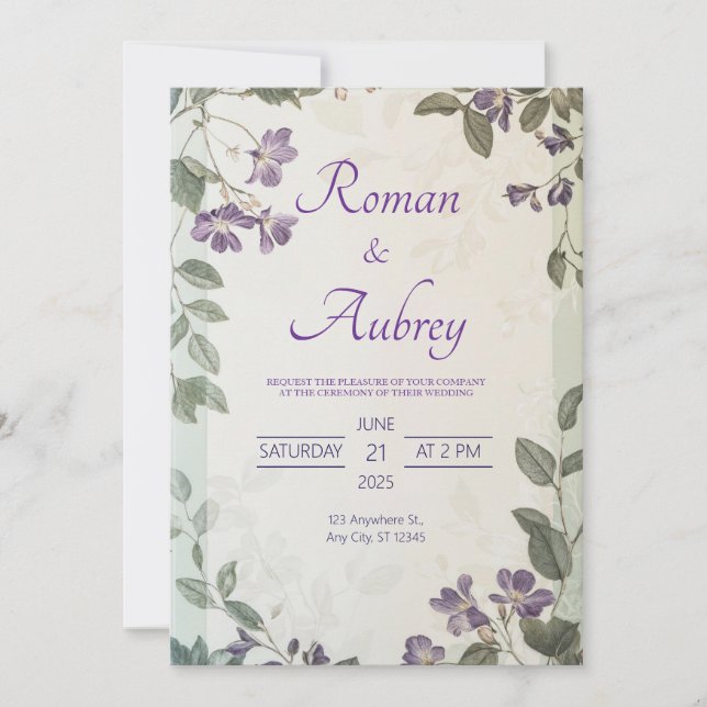 Elegant Purple Floral Greenery Wedding Invitation (Front)