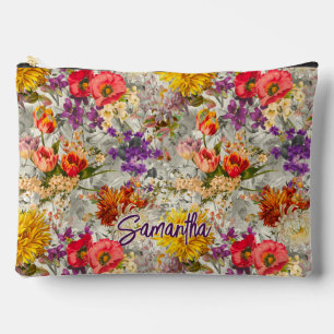 Elegant purple floral grey pattern monogram accessory pouch