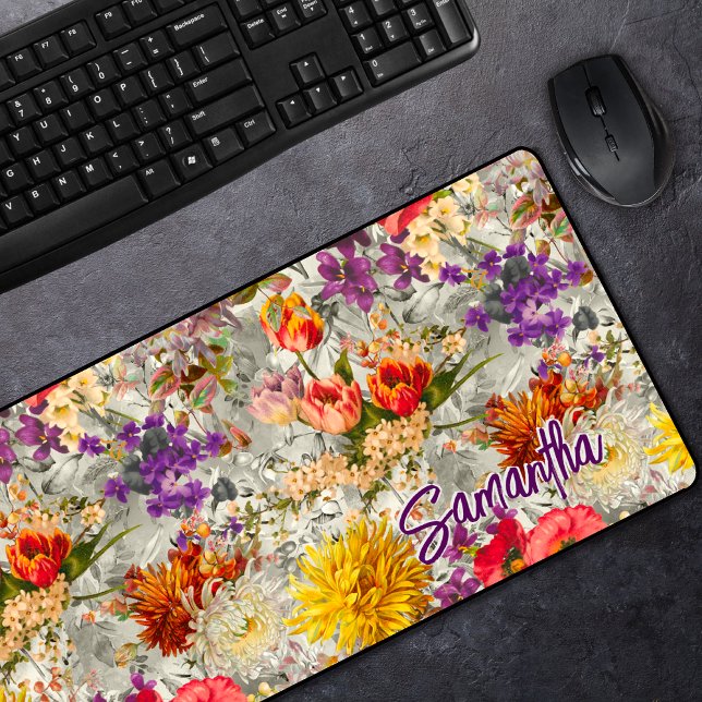 Elegant purple floral grey pattern monogram  desk mat (Creator Uploaded)
